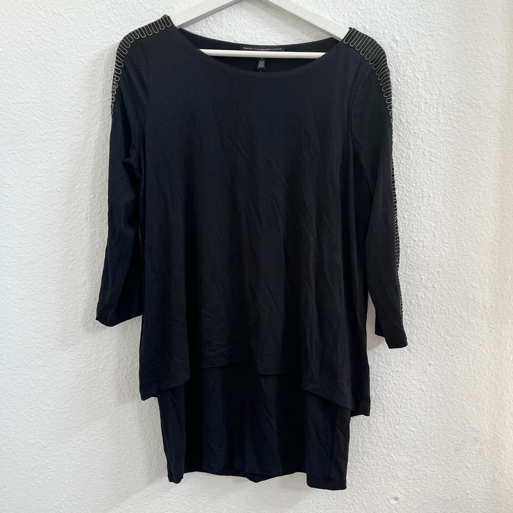 NWT White House Black Market Tunic Top Ball Chain Mesh Sleeve Black Womens M